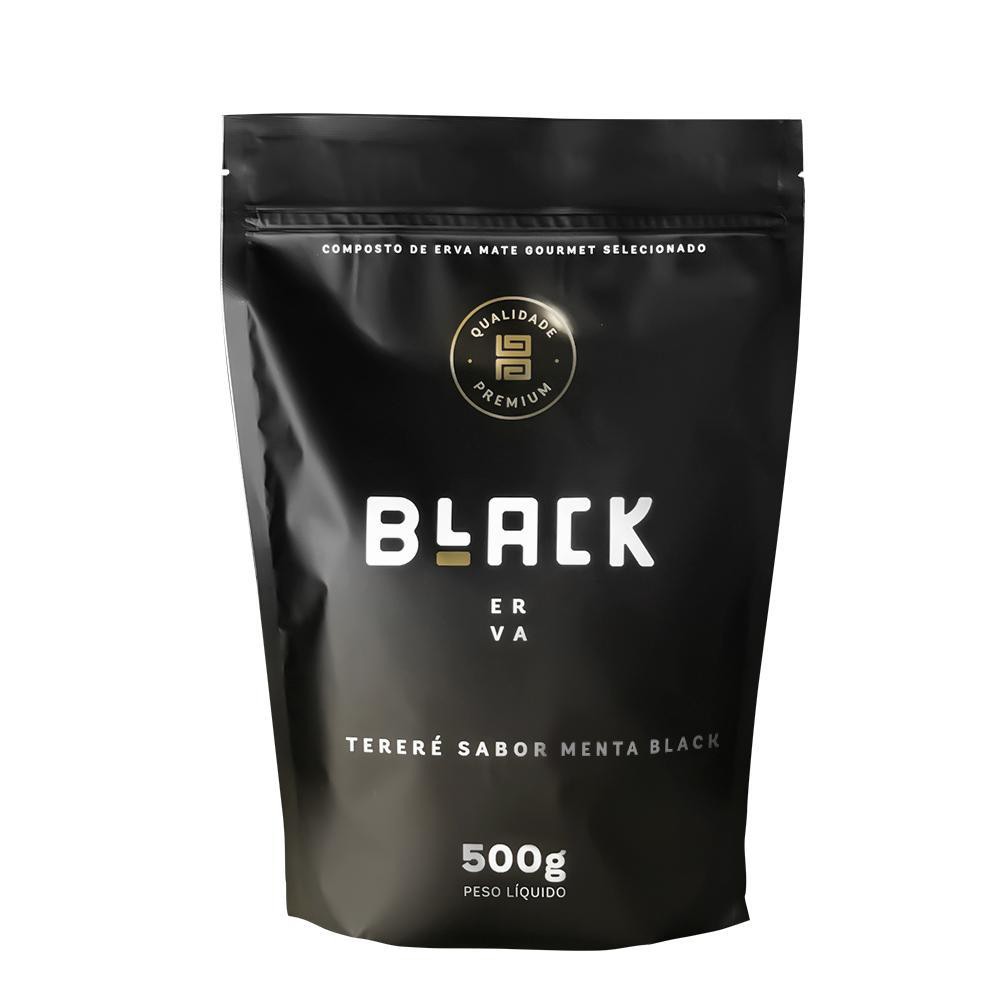 Kit Tereré Black Erva Copo Preto Tereré  Bomba Cor Prata e Menta Black 500 g