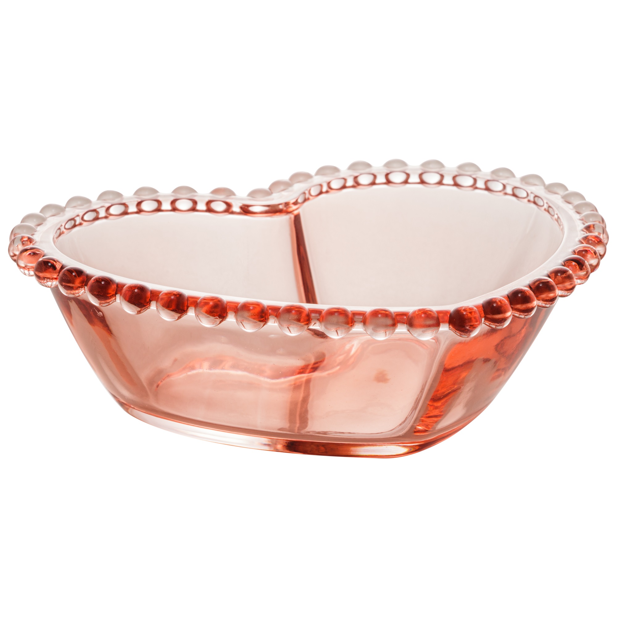 Bowl Médio de Coração em Cristal Rosa com borda de Bolinha 19x15x6cm