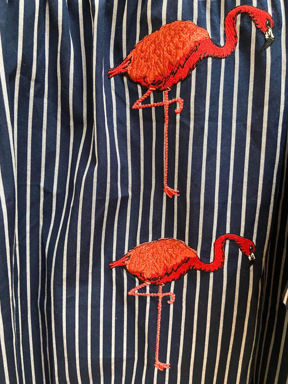 Vestido Le Soleil d'Été Azul Marinho Listrado Bordado Flamingo Tamanho M