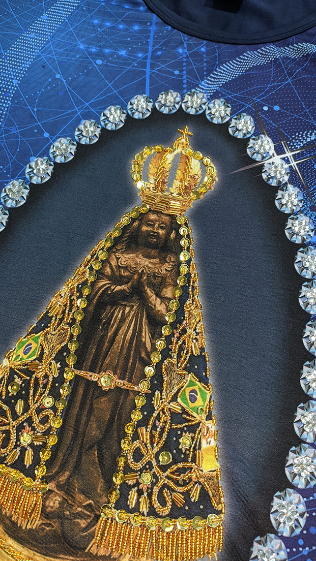 Camiseta Nossa Senhora Aparecida Marinho Bordada com pedrarias