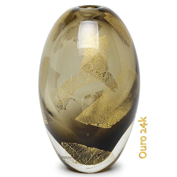 Vaso de Cristal Murano Oval Ouro Fume 24k 10x17cm