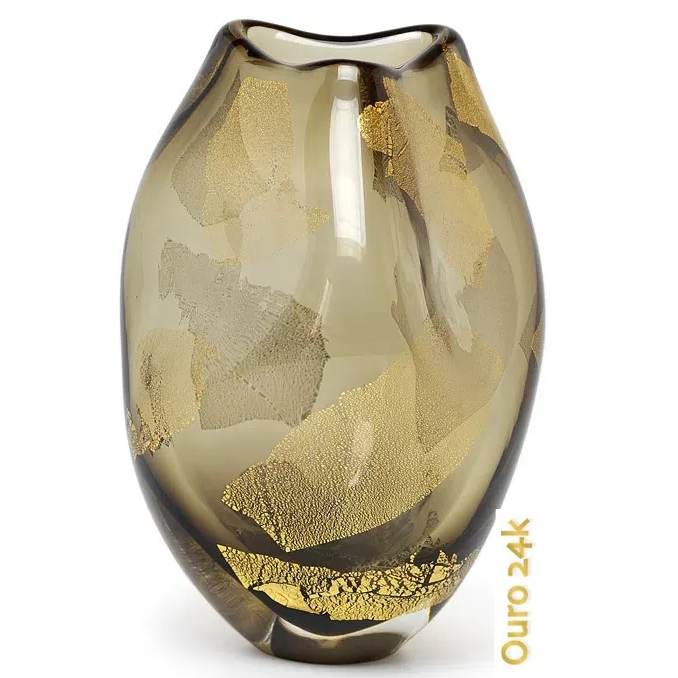 Vaso de Cristal Murano Roca Ouro Fume 24k 13x11x19cm