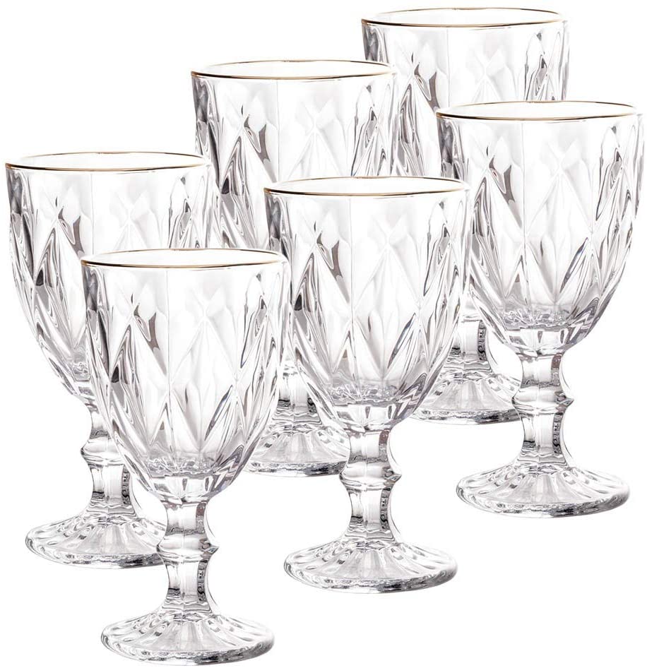 Conjunto 6 Taças para Água de Vidro com Fio de Ouro Diamond Transparente 325ml - Lyor