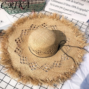 Chapéu de ráfia natural, chapéu feminino moda verão, fita, sombreado, aba larga panamá, chapéus de sol, viagem, praia, palha
