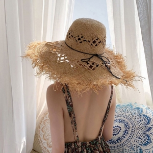 Chapéu de ráfia natural, chapéu feminino moda verão, fita, sombreado, aba larga panamá, chapéus de sol, viagem, praia, palha