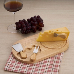 Kit queijo 4 peças, contém tábua de bambu com canaleta, faca com ponta, garfo e espátula -  03222
