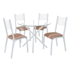 Conjunto de Mesa Redonda com 4 Cadeiras Camila Sala de Jantar Tampo 90cm de Vidro 8mm Branco/Capuccino Ciplafe