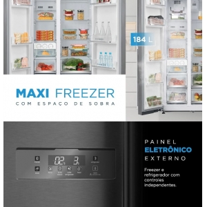 Geladeira/Refrigerador Midea 528 Litros Side by Side 2 Portas Frost Free com Turbo Freezer, Prateleira de Vidro e Gaveta Dupla 127v Inox MD-RS587FGA041
