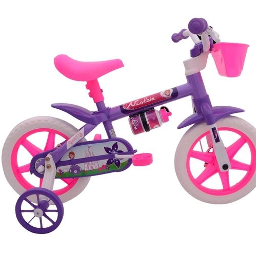 Bicicleta Infantil Cairu Aro 12 com Rodinha e Cesta Violeta e Rosa