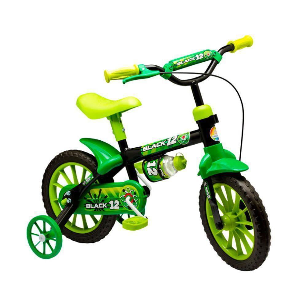 Bicicleta Infantil Cairu Aro 12 Lion com Rodinha e Garrafinha Preto e Verde