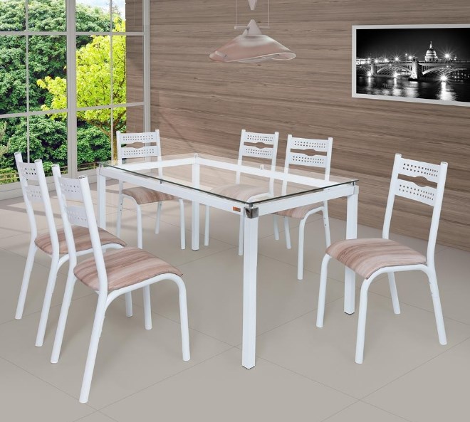 Conjunto de Mesa Retangular com 6 Cadeiras Luna Sala de Jantar Tampo 140cm de Vidro 8mm Branco/Capuccino Ciplafe