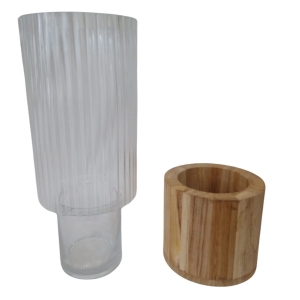 Vaso de Vidro Plissado com Base Bambu 12X30cm