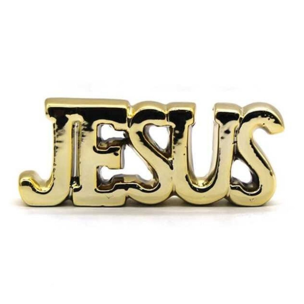 Enfeite Decorativo Cerâmico Palavra Jesus Dourado