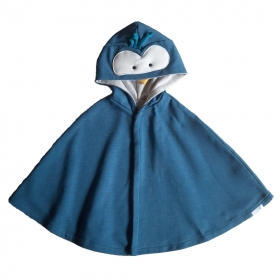 Capa para bebê estilo poncho com capuz passarinho azul mescla