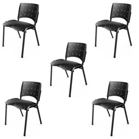 Kit - 5 Cadeiras Fixa Plástica Empilhável Ergoplax Plaxmetal Original Montagem Inclusa - Preta