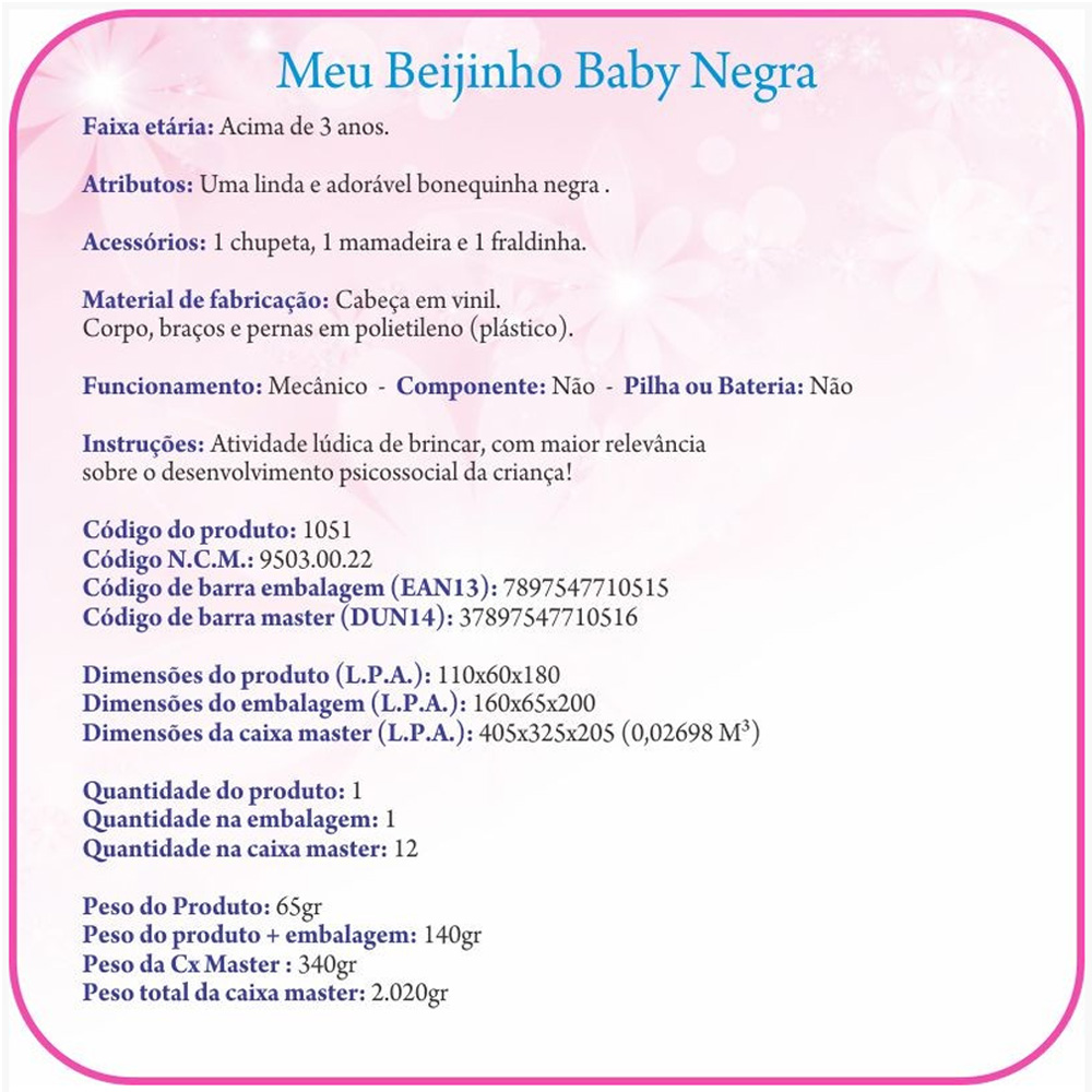 Boneca Meu Beijinho Baby Negra Bebe Infantil Criança Menina