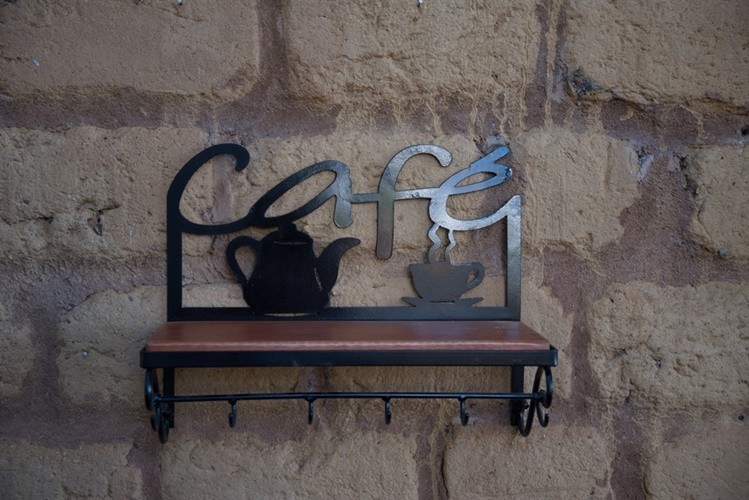 Prateleira porta cafe desenho rustico artesanal ferro madeira 