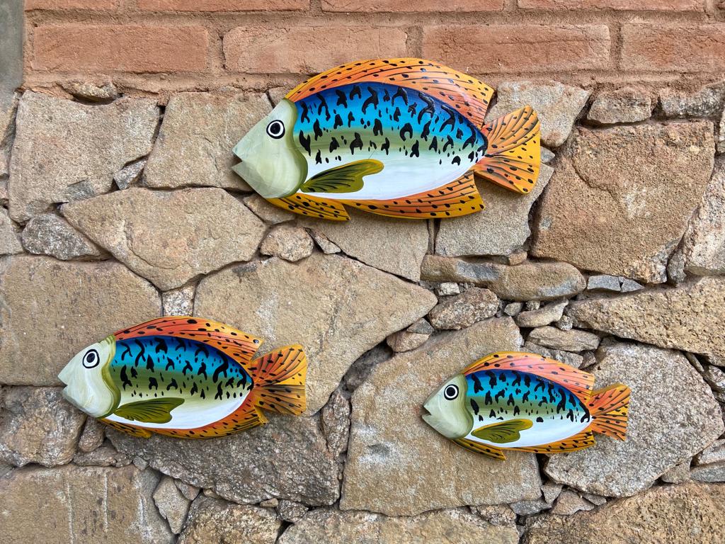 Trio de peixes decorativos de parede em madeira