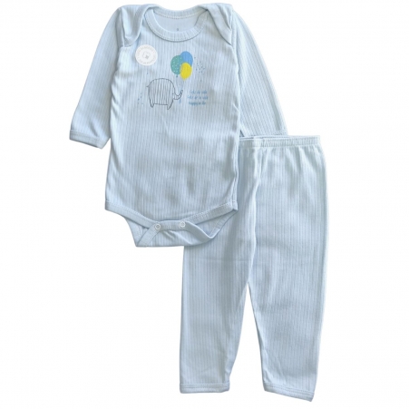 Conjunto bebê body longo canelado azul claro com estampa