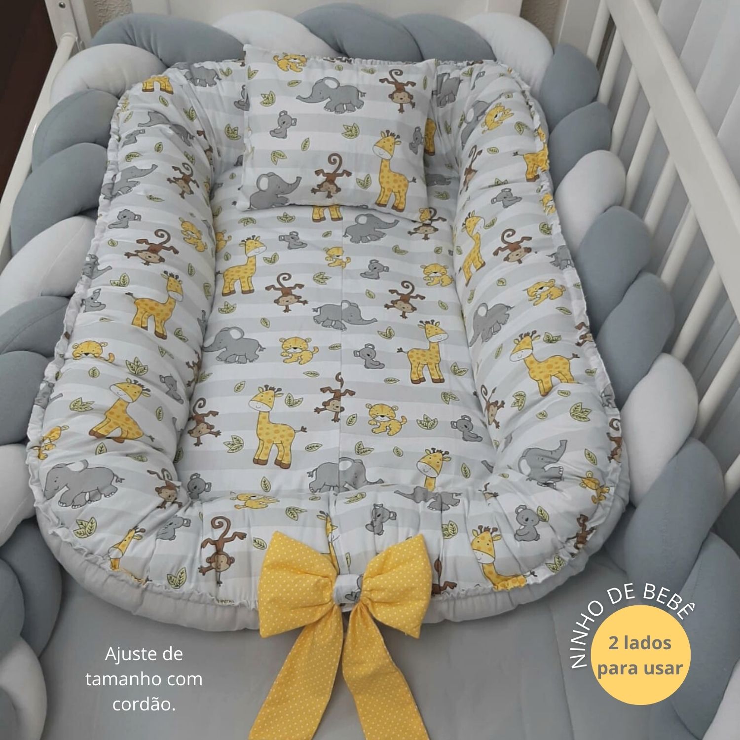 Ninho de bebê redutor de berço 2 em 1 com travesseiro bichinhos Safari com cinza claro