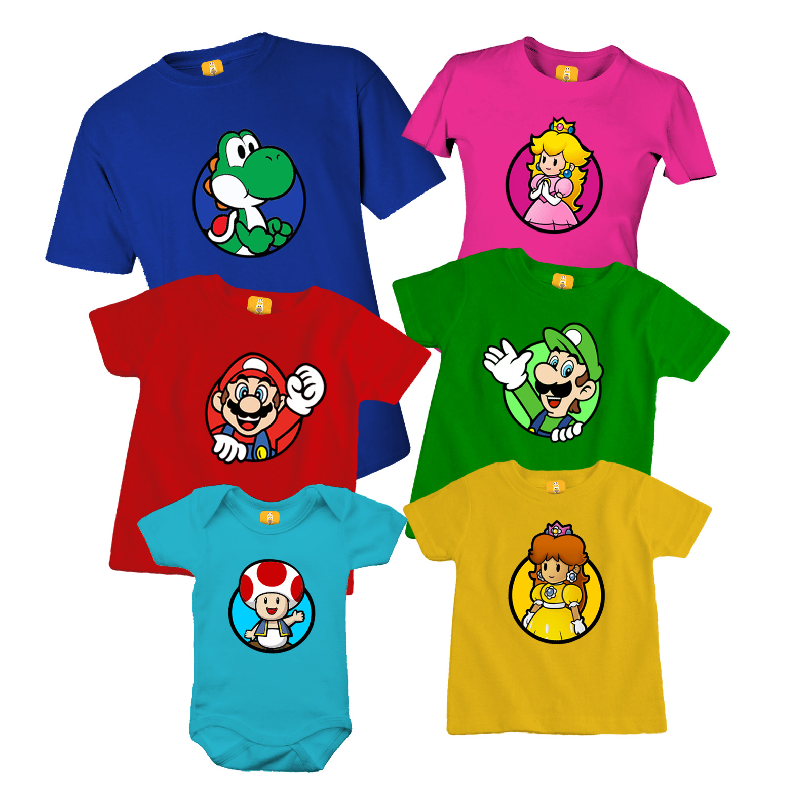 Kit Família Camisetas Super Mario 6 peças - Coloridas