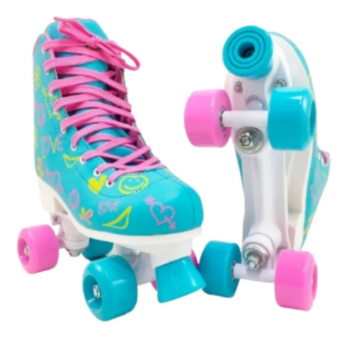 Patins com 4 rodinhas Roller Skate RL-060 Tamanho Ajustável  39 ao 42 Azul e Rosa- FÊNIX