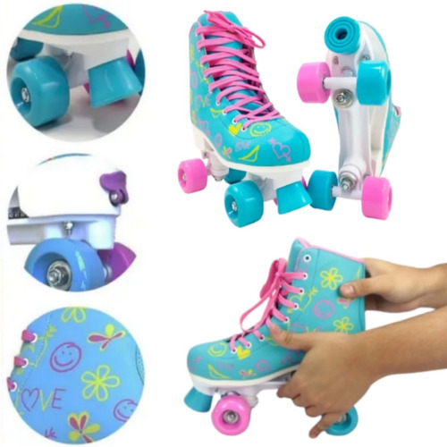 Patins com 4 rodinhas - Roller Skate RL-060 -  Tamanho Ajustável - Azul e Rosa- FÊNIX
