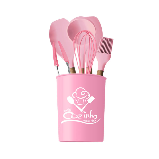 Kit utensílios de silicone com cabo de madeira rosa 7 peças