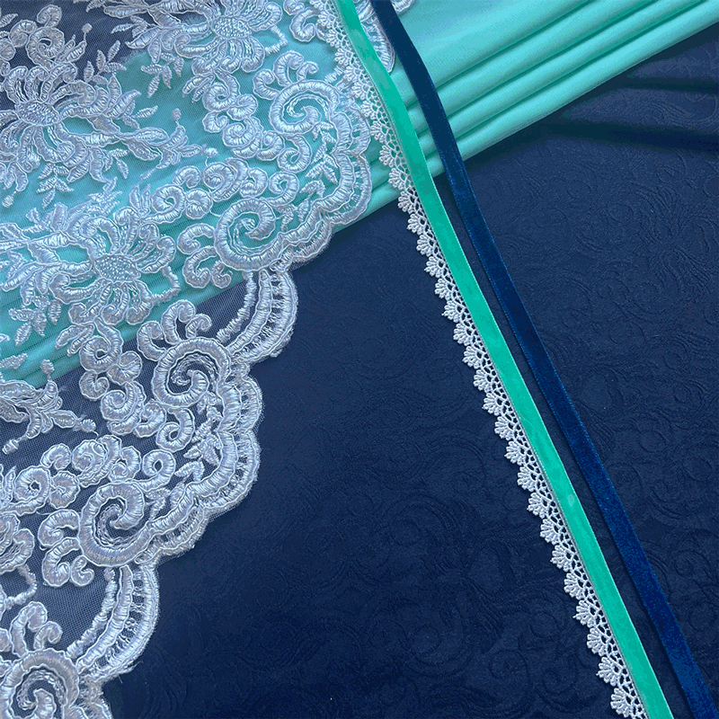 Combo de tecidos para vestido de prenda premium brocado azul marinho e verde água