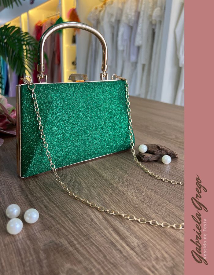 Bolsa Clutch Verde Esmeralda com Brilho e Alça