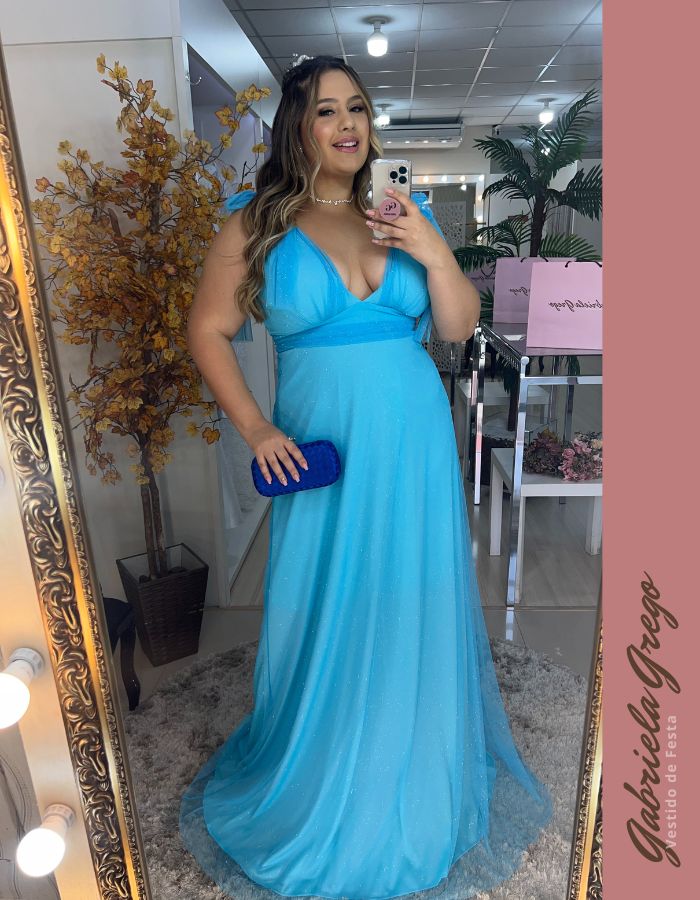 Vestido Longo Azul Tiffany em Tule de Brilho e Laço no Ombro