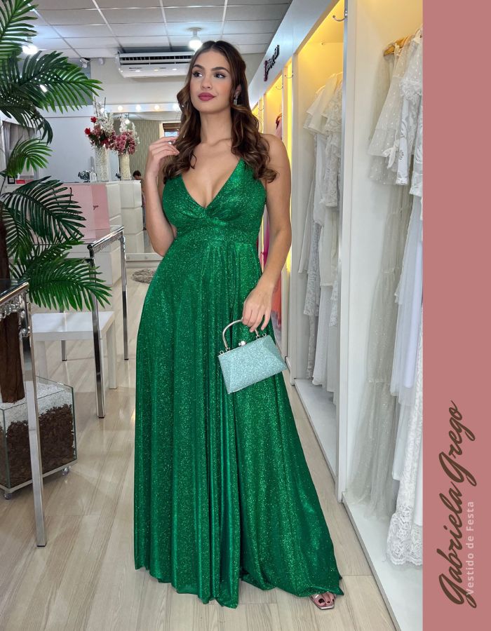 Vestido Longo Evase Verde Esmeralda em Lurex