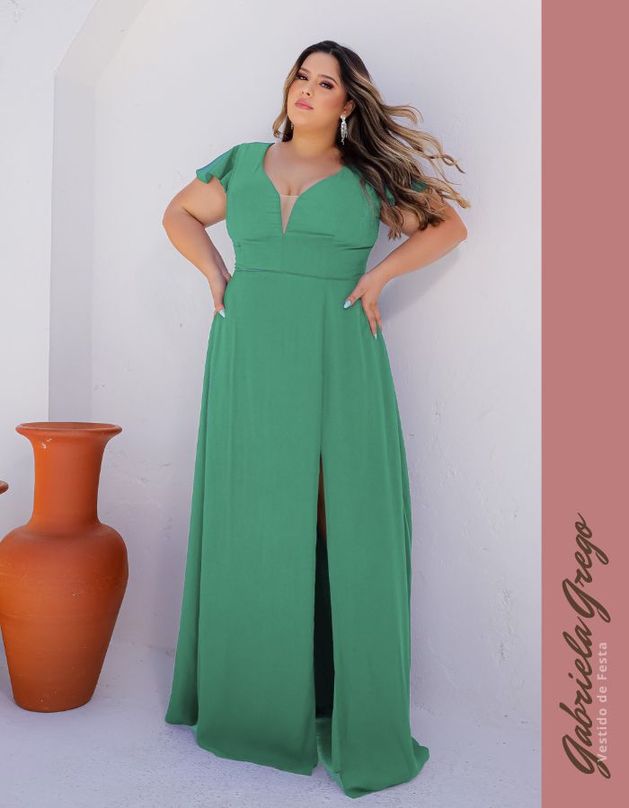 Vestido Longo Verde Tiffany Plus Size, Crepe com Decote em Tule