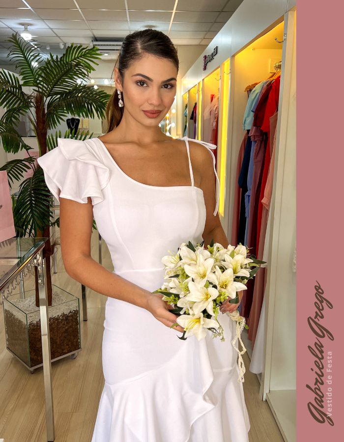 Vestido Midi Branco com Manga Nula / Indicado para Casamento Civil e Jantar de Noivado