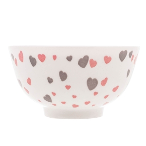 Bowl Tigela de Porcelana Branco Corações Rosa Cinza