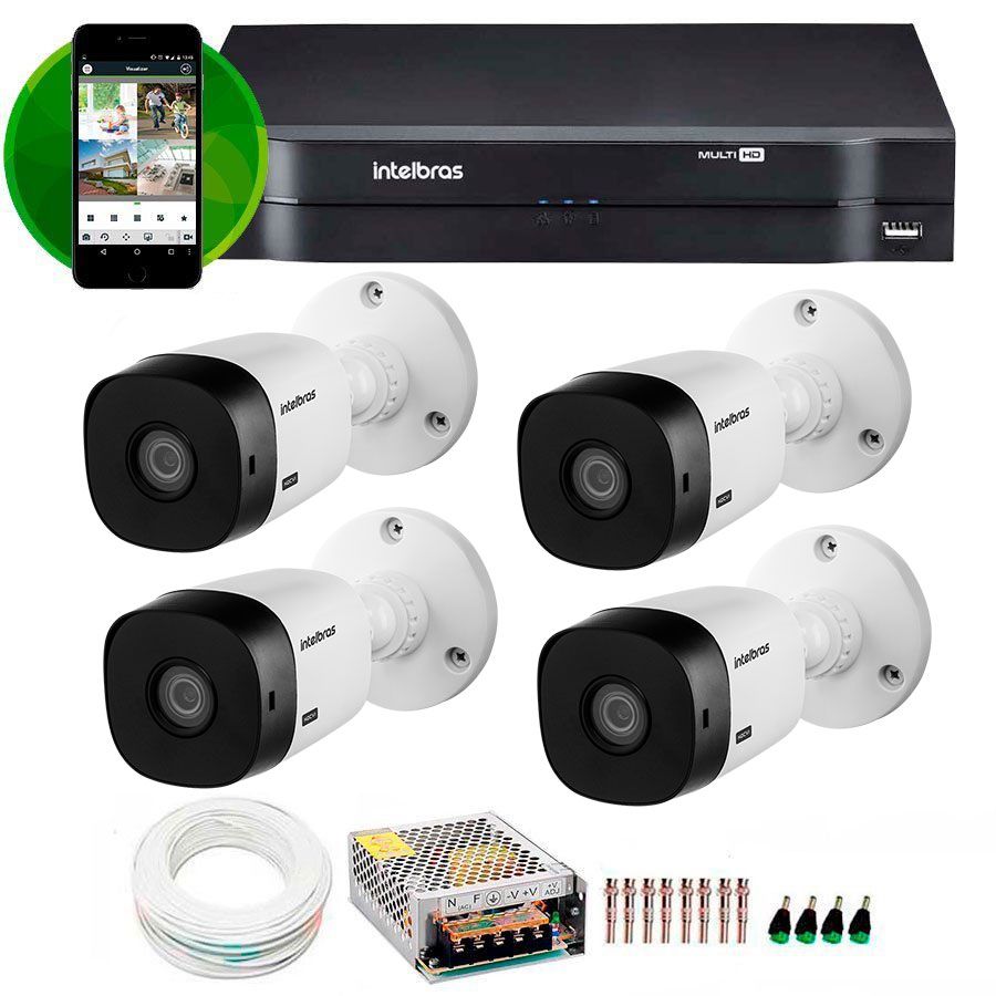 Kit CFTV intelbras HD com 4 câmeras + DVR Intelbras MHDX 1104 de 4 canais + acessórios