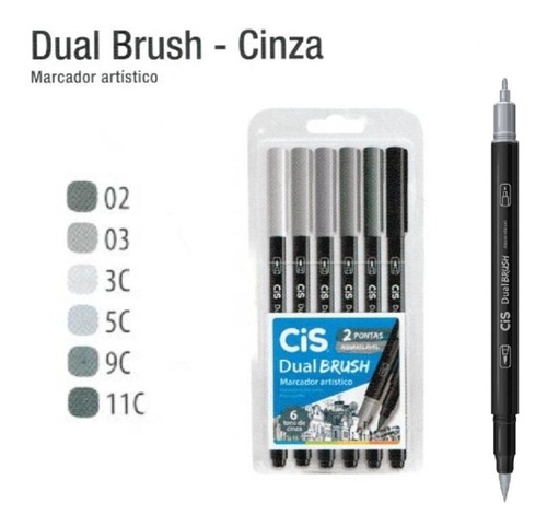 Estojo Marcador Artístico Cis Dual Brush 6 Cores Cinza