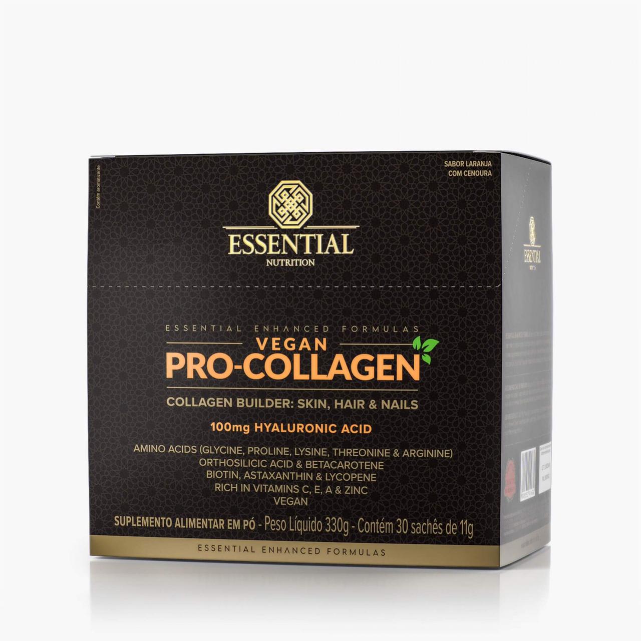 Essential Vegan Pro-Collagen Boxe Sabor Laranja com Cenoura contém 30 Sachês