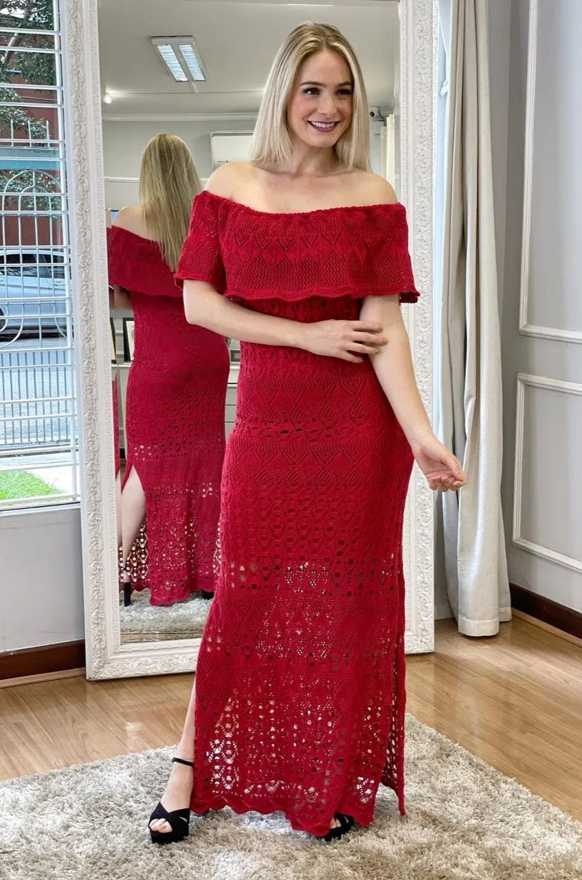 Vestido de Tricot Ciganinha Longo Vermelho Plus Size