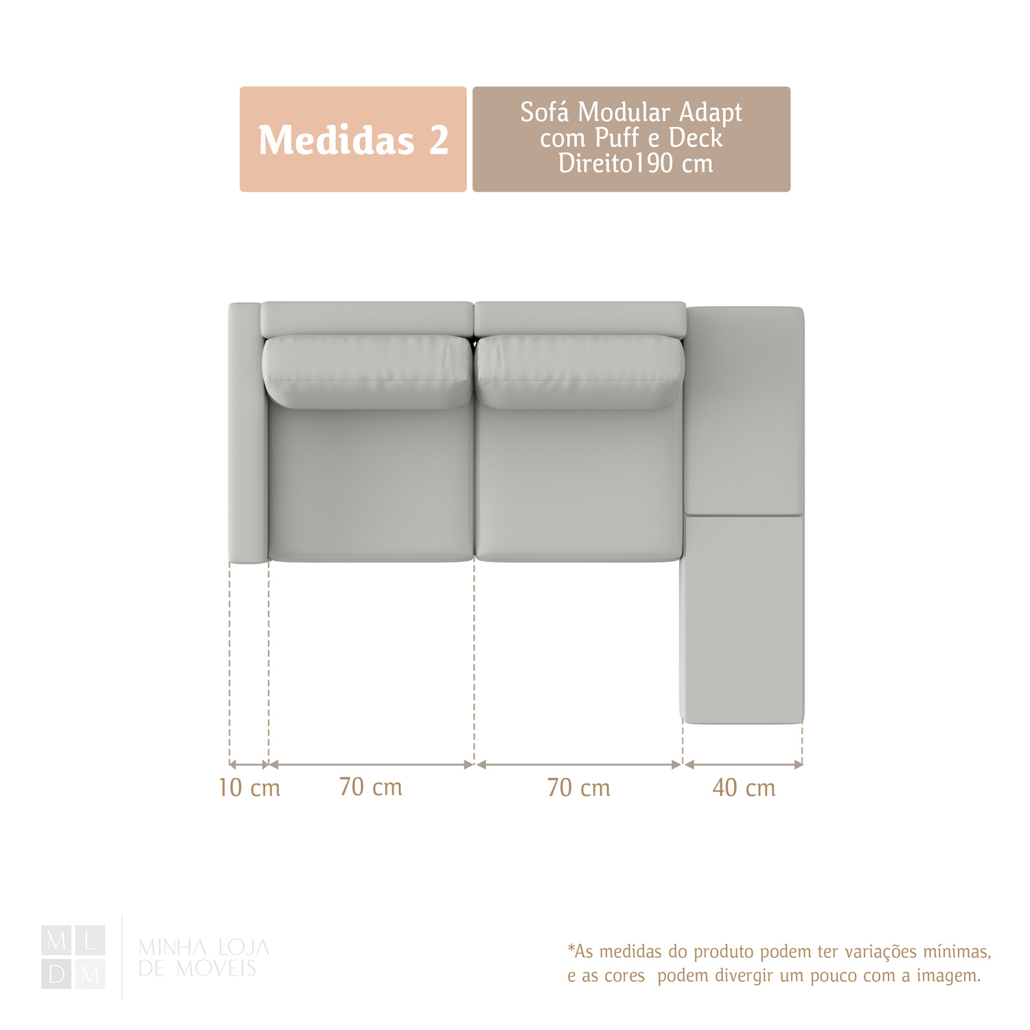 Sofá Modular Adapt 190 cm com Puff Direito com Deck | Linho Rosê