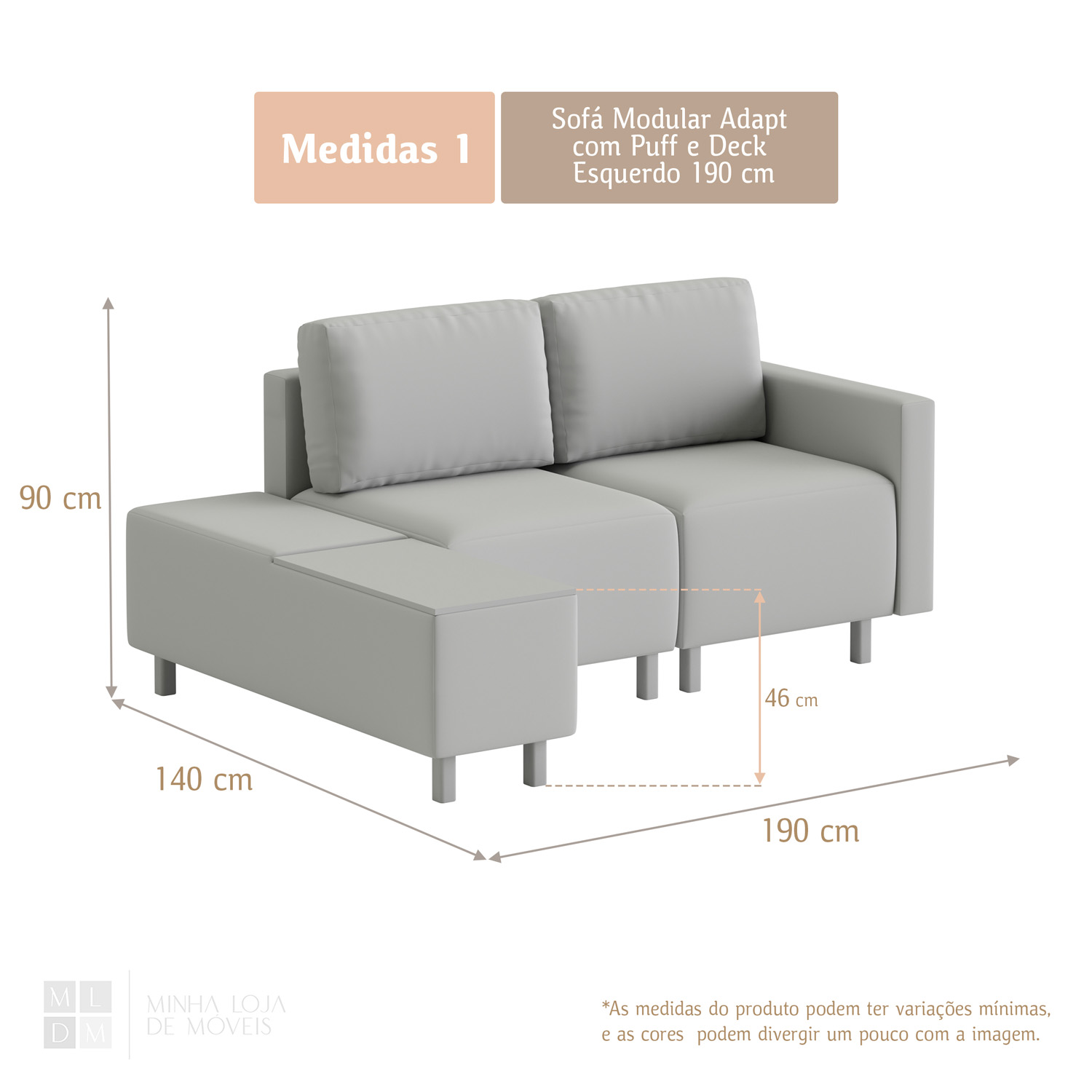 Sofá Modular Adapt 190 cm com Puff Esquerdo com Deck | Linho Cinza