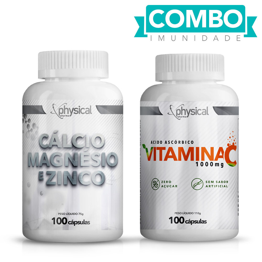 Combo Cálcio Magnésio e Zinco (100 Cápsulas) + Vitamina C 1000mg (100 Cápsulas)  - Physical Pharma Suplementos