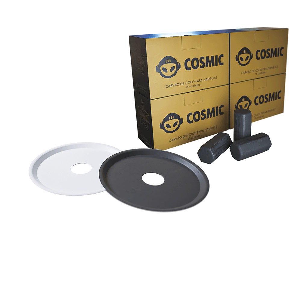 kit Carvão de Coco 1kg Longa Duração e 02 Prato Branco/Preto  em Alumínio - Cosmic