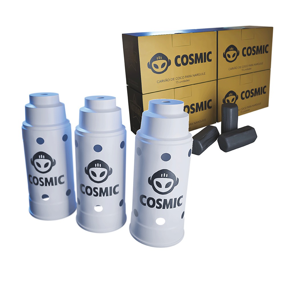 kit Carvão de Coco 1kg Longa Duração e 03 Abafador Branco Grande em Alumínio - Cosmic