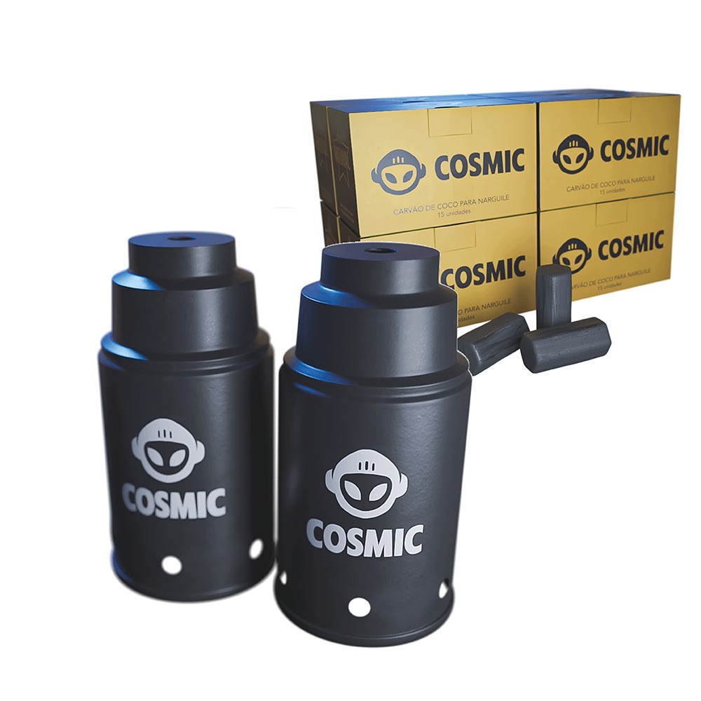 kit Carvão de Coco 2kg Longa Duração e 02 Abafador Preto Pequeno/Médio em Alumínio - Cosmic