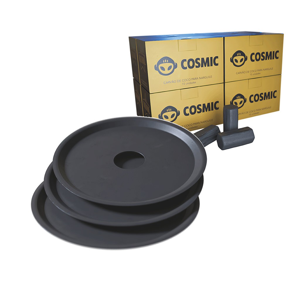 kit Carvão de Coco 2kg Longa Duração e 03 Prato Preto  em Alumínio - Cosmic