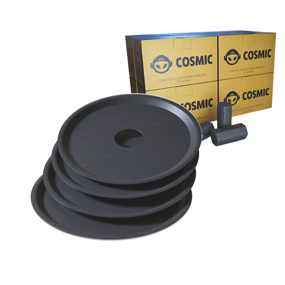 kit Carvão de Coco 2kg Longa Duração e 04 Prato Preto  em Alumínio - Cosmic