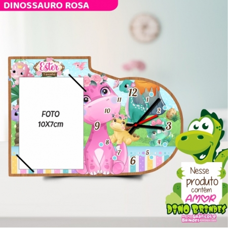 Relógio c/ porta retrato | Dinossauro rosa aquarela