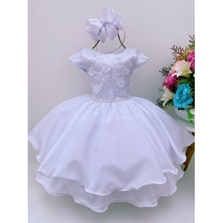 Vestido Infantil Branco C/ Renda e Aplique de Flores Pérolas
