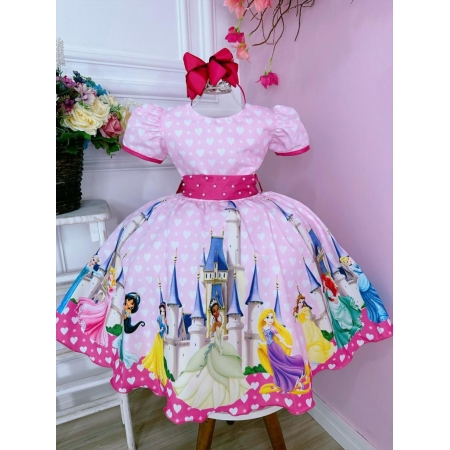 Vestido Infantil Encontro das Princesas Rosa C/ Corações